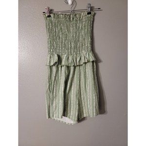 Ginger G Green Striped Linen Blend Smocked Peplum Romper Girls Size S